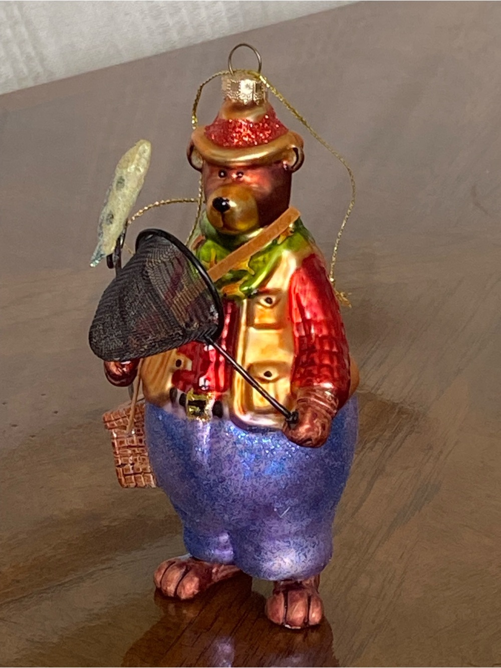 Fishing Bear Fisherman Glass Christmas Ornament - Red, Gold, Purple